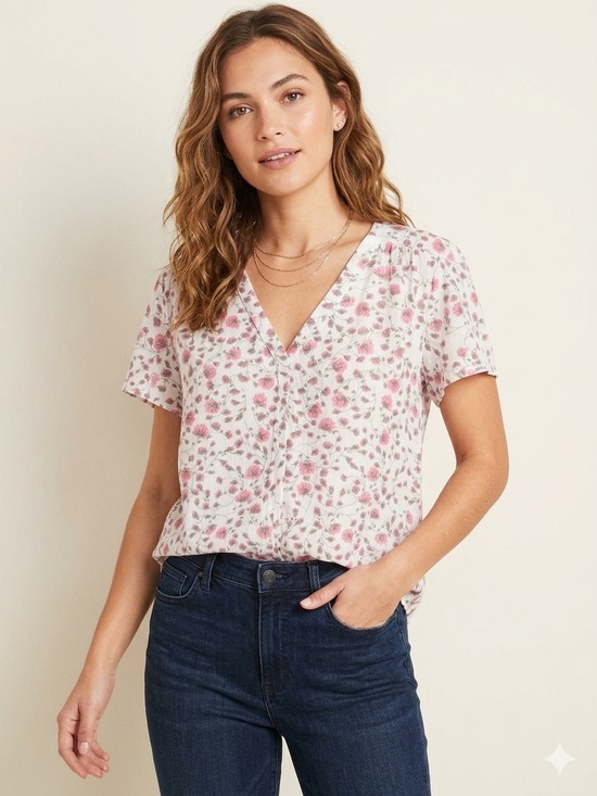 Caslon Tops - Caslon Pink Floral V-Neck Short Sleeve Blouse